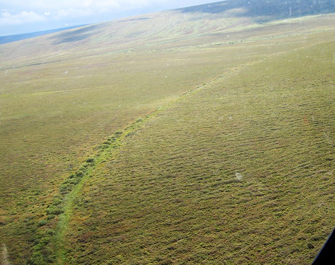 An aerial view of part part of Fairhaven Ditch showing a long ditch cutting through the tundra.